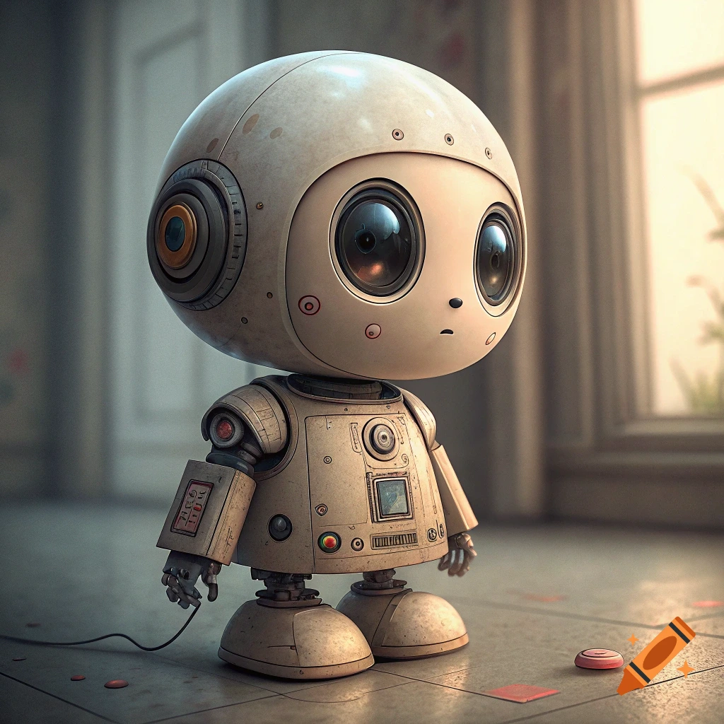 Cute baby-like robot with large eyes stands in a room.