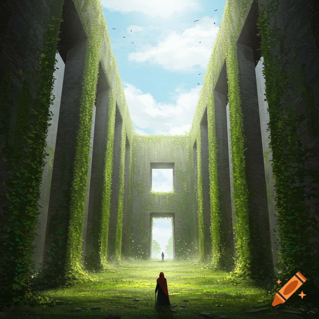 A person in a red cloak stands among ancient overgrown ruins with tall ivy walls, looking towards a figure in the distance.