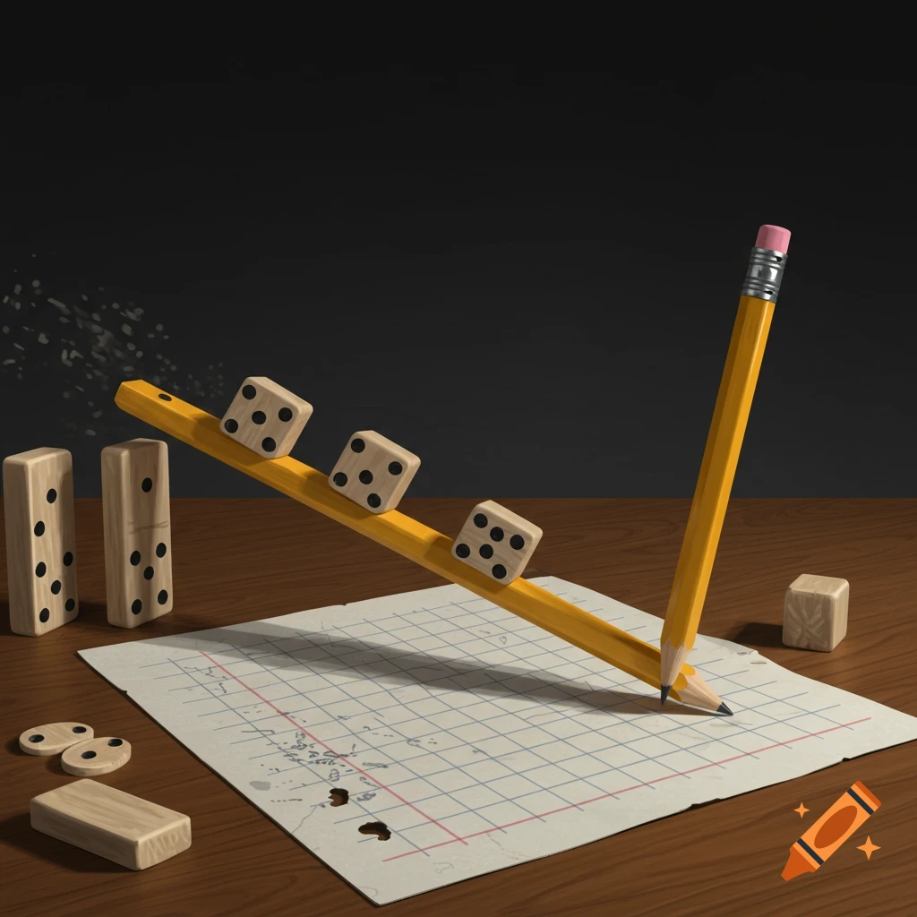 A pencil acts as a ramp for dice rolling down towards paper, with dominoes and other game pieces nearby on a table.
