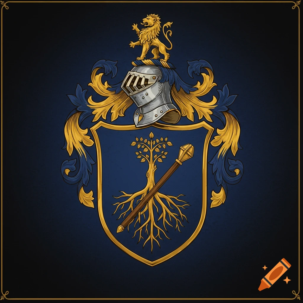 A heraldic crest with a blue shield featuring a tree with roots and a staff, topped by a helmet with a lion.
