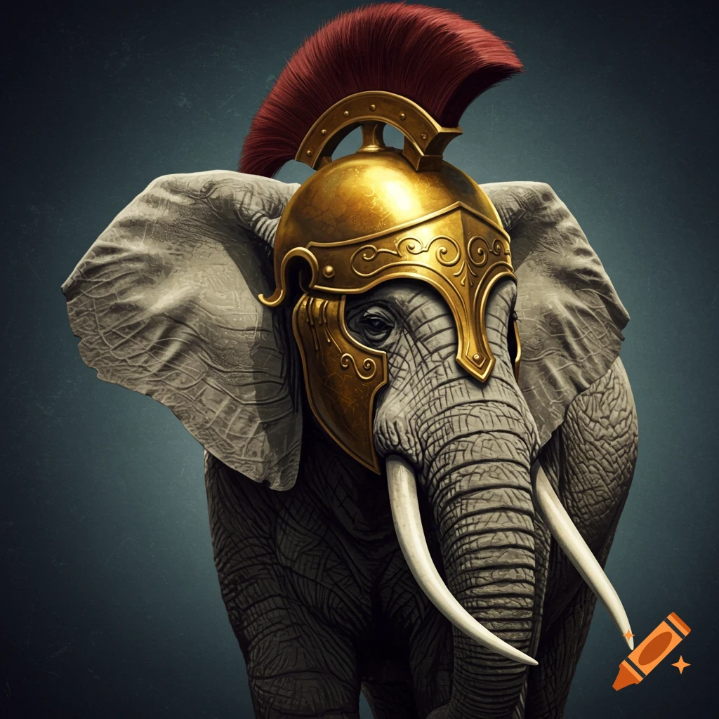 An elephant wearing a golden helmet with a red plume.