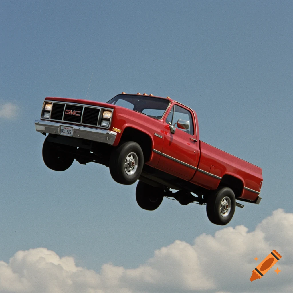 A red GMC pickup truck falls through a cloudy blue sky.