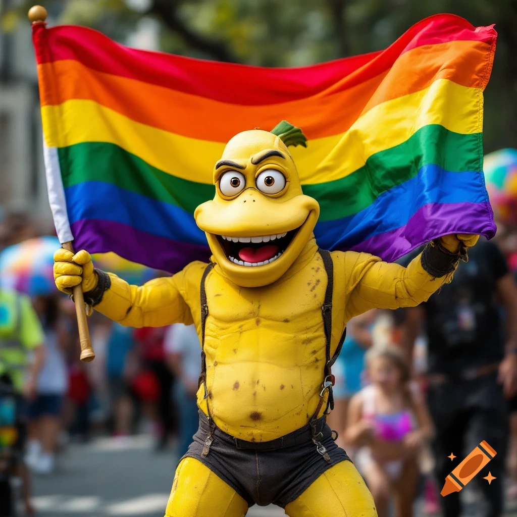 Yellow mascot holding a large rainbow pride flag at a parade