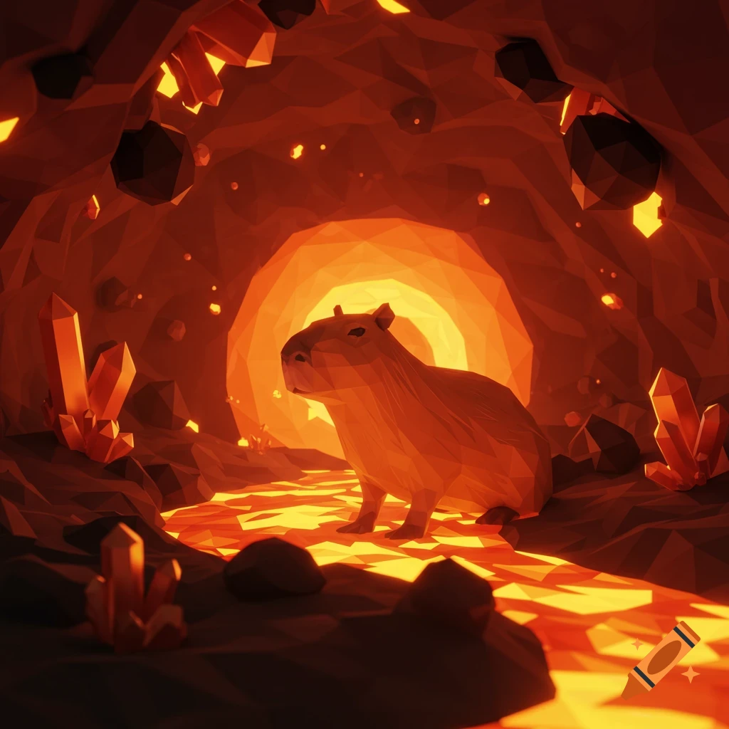 A low poly capybara stands in a glowing cave with orange crystals and lava.