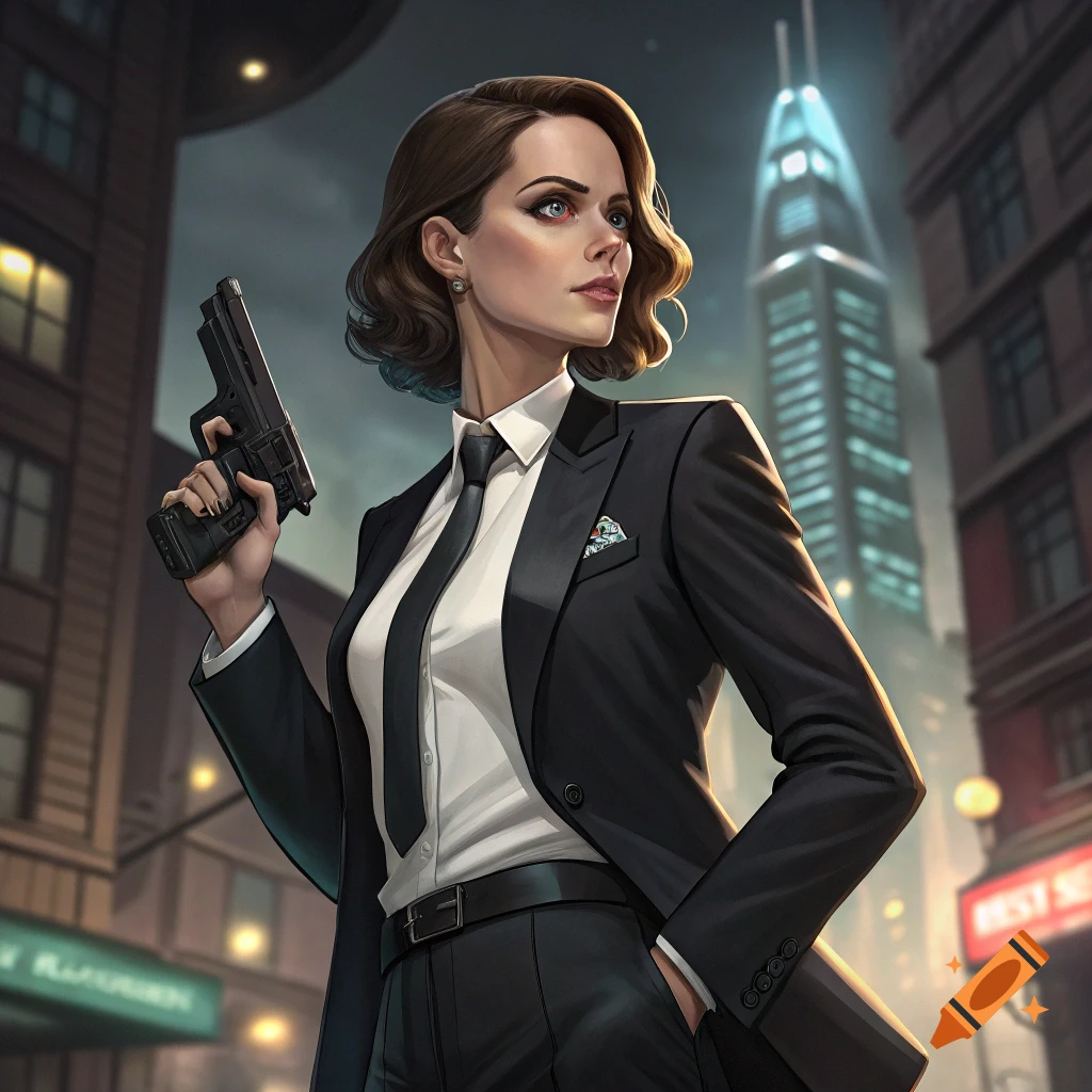 Illustration of a woman in a suit holding a pistol in a city at night