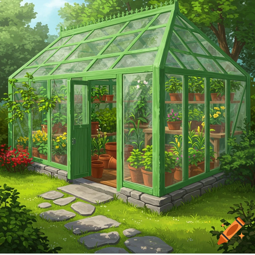 A vibrant green greenhouse filled with plants in a sunny garden with a stone path.