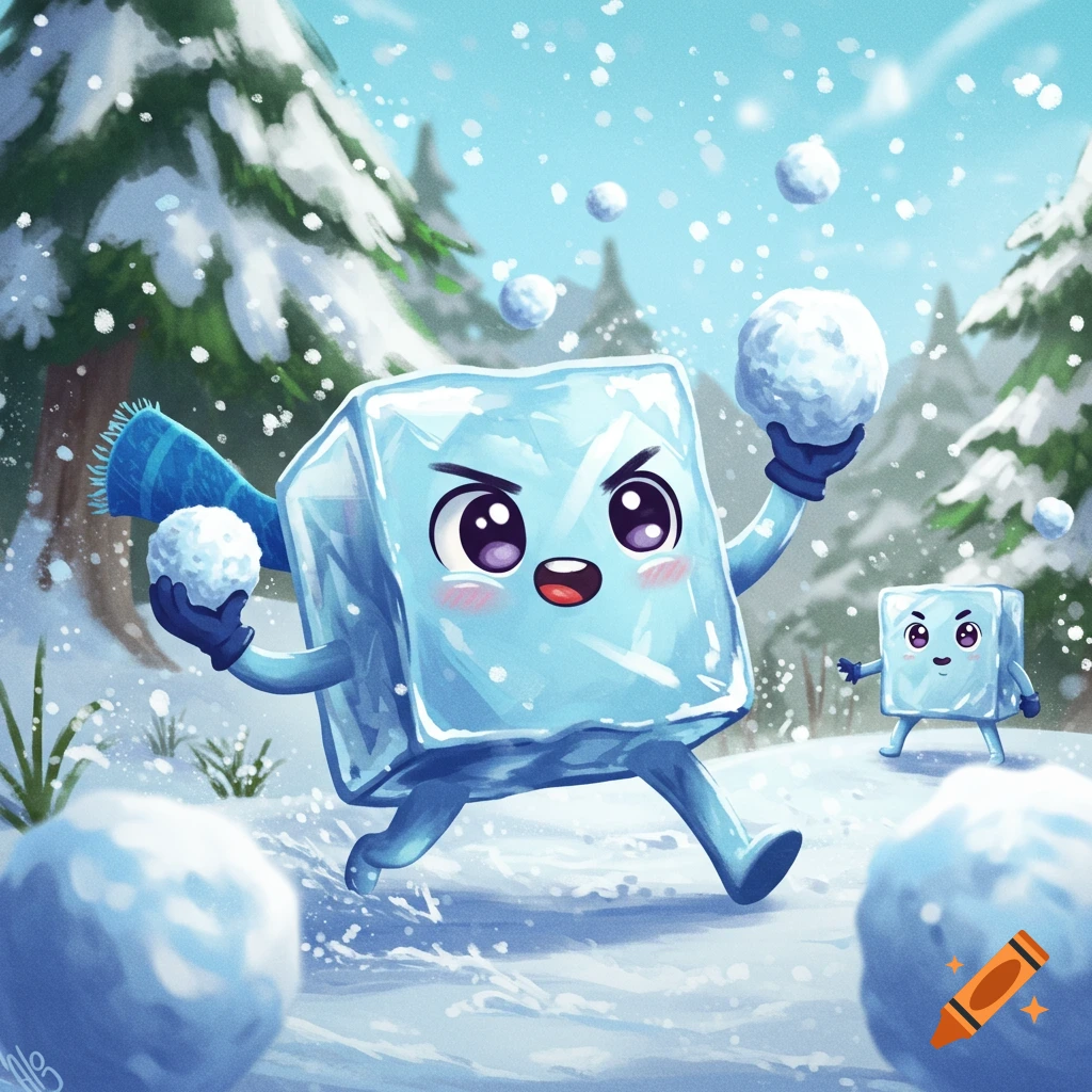 A cute ice cube character having an intense snowball fight in a snowy forest.