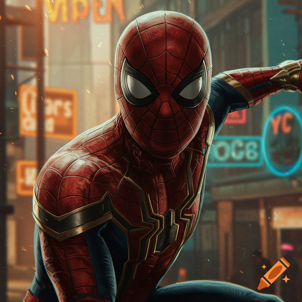 Spider-Man in a city with neon signs