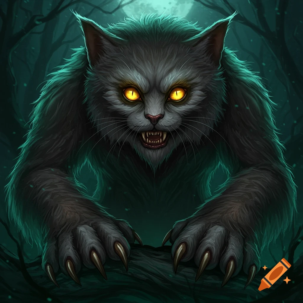 Monstrous cat creature with glowing yellow eyes and sharp claws in a dark forest.