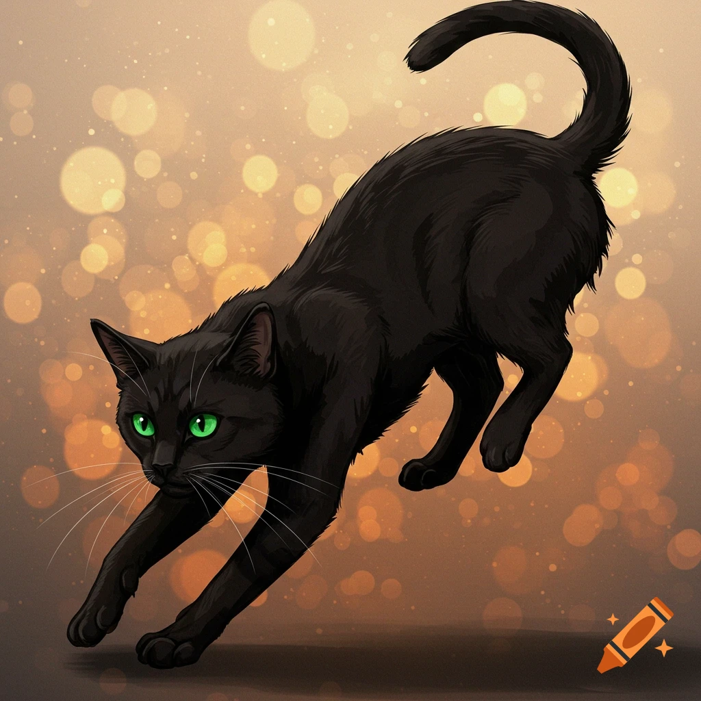 A black cat with green eyes stretching against a bokeh background.