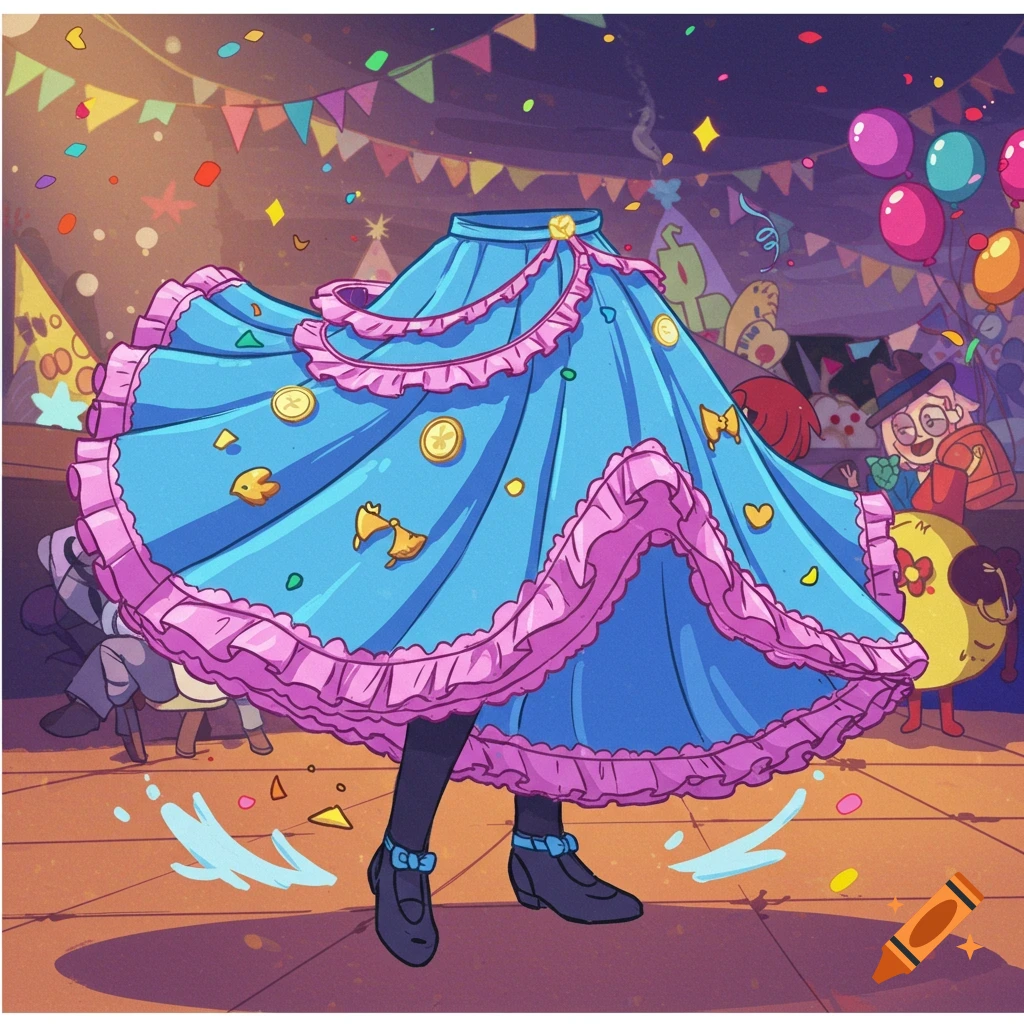A cartoon blue skirt with pink ruffles and shoes dances at a party with confetti and balloons.