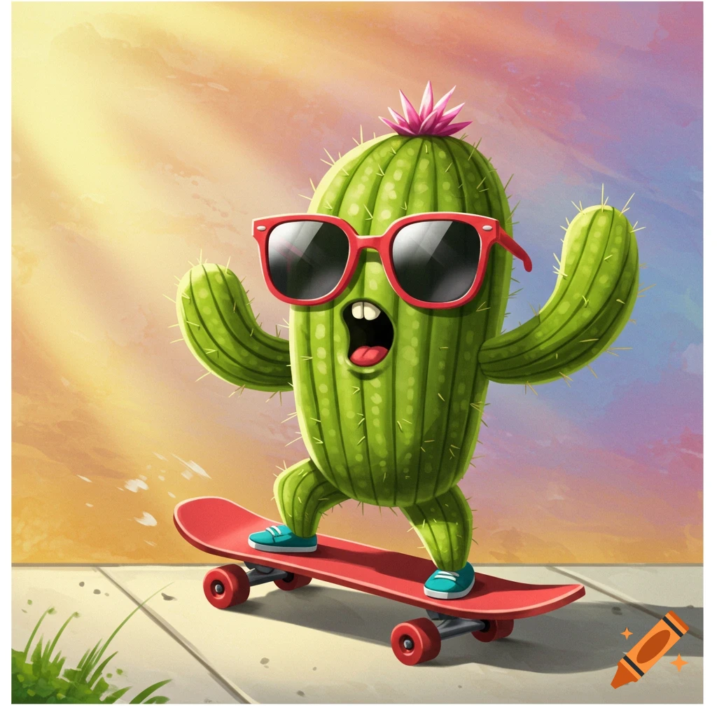 Cartoon cactus with sunglasses rides a skateboard on a sidewalk.