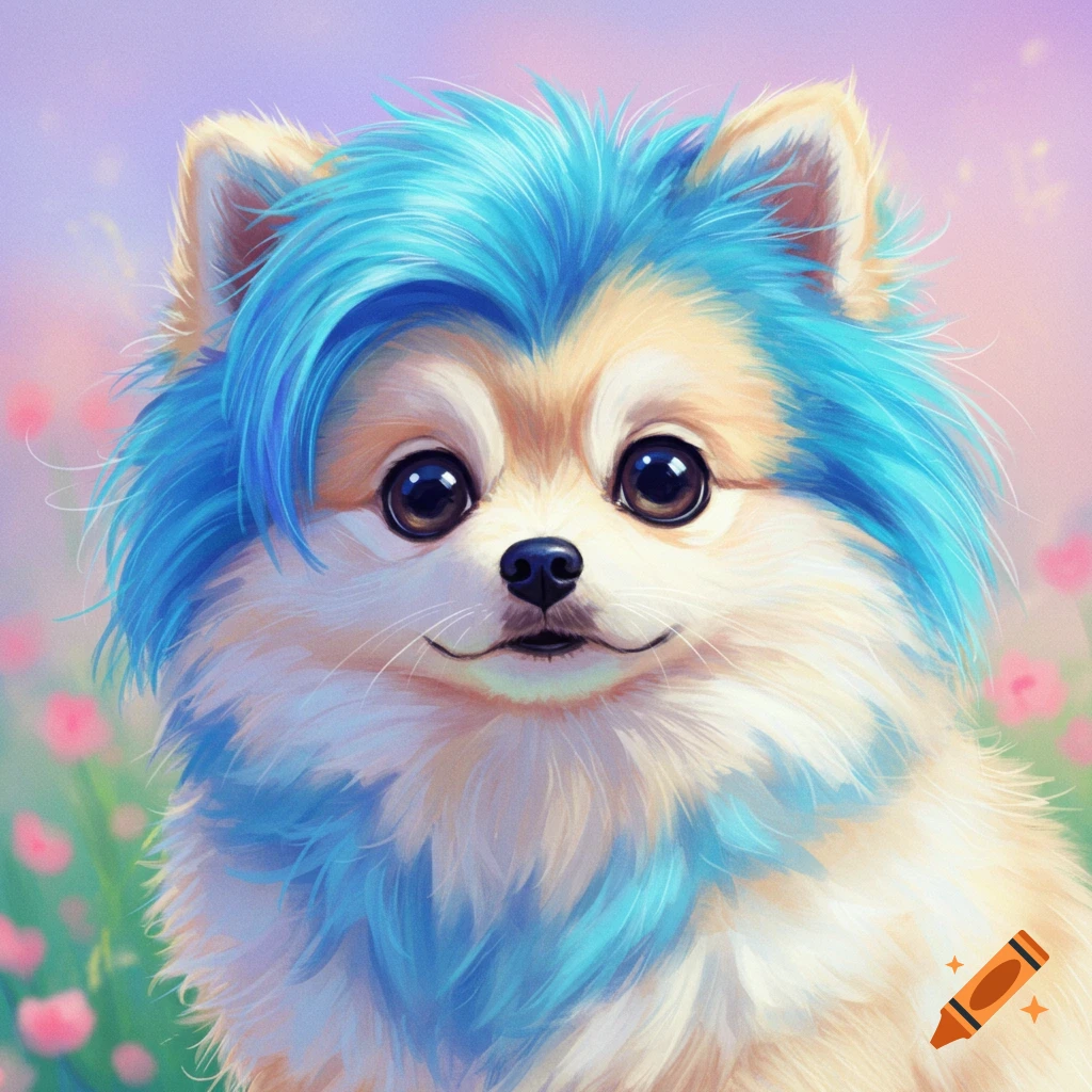 Close-up of a fluffy dog with bright blue hair in a flowery field.
