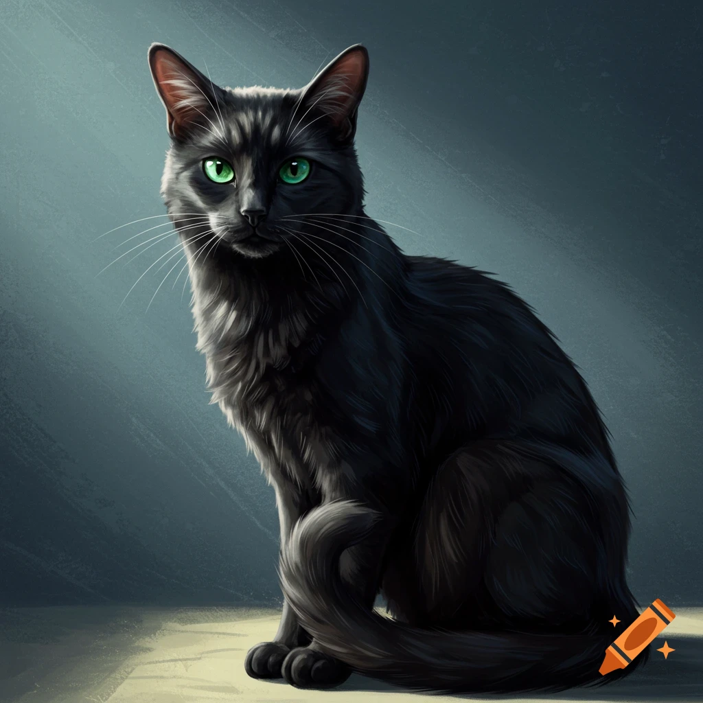 A black cat with green eyes sitting