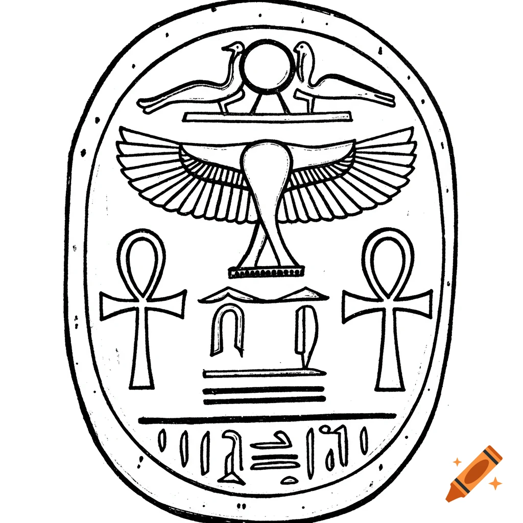 Black outline drawing of an ancient Egyptian oval seal impression featuring birds, a winged sun symbol, ankhs, and stylized hieroglyphs.