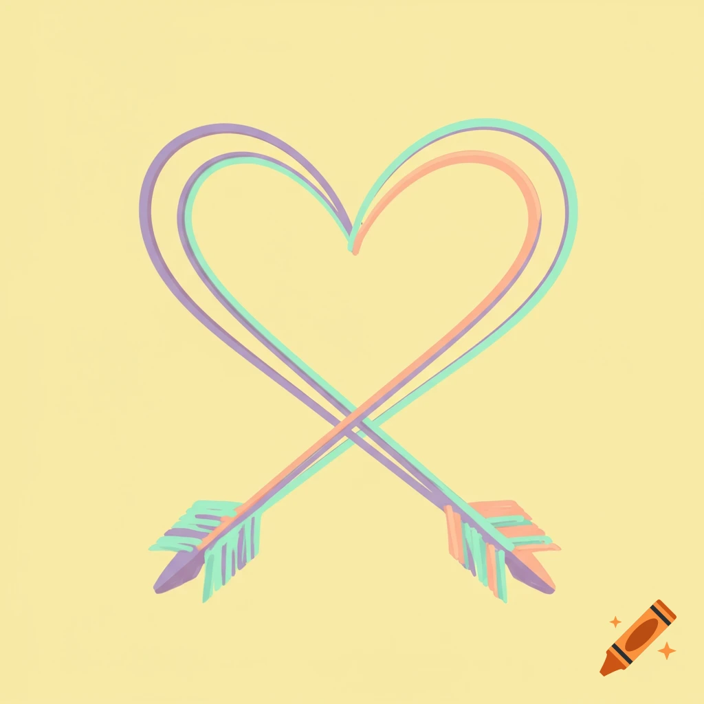 A minimalist illustration of a heart formed by two crossed arrows, in pastel purple, teal, and orange on a yellow background.