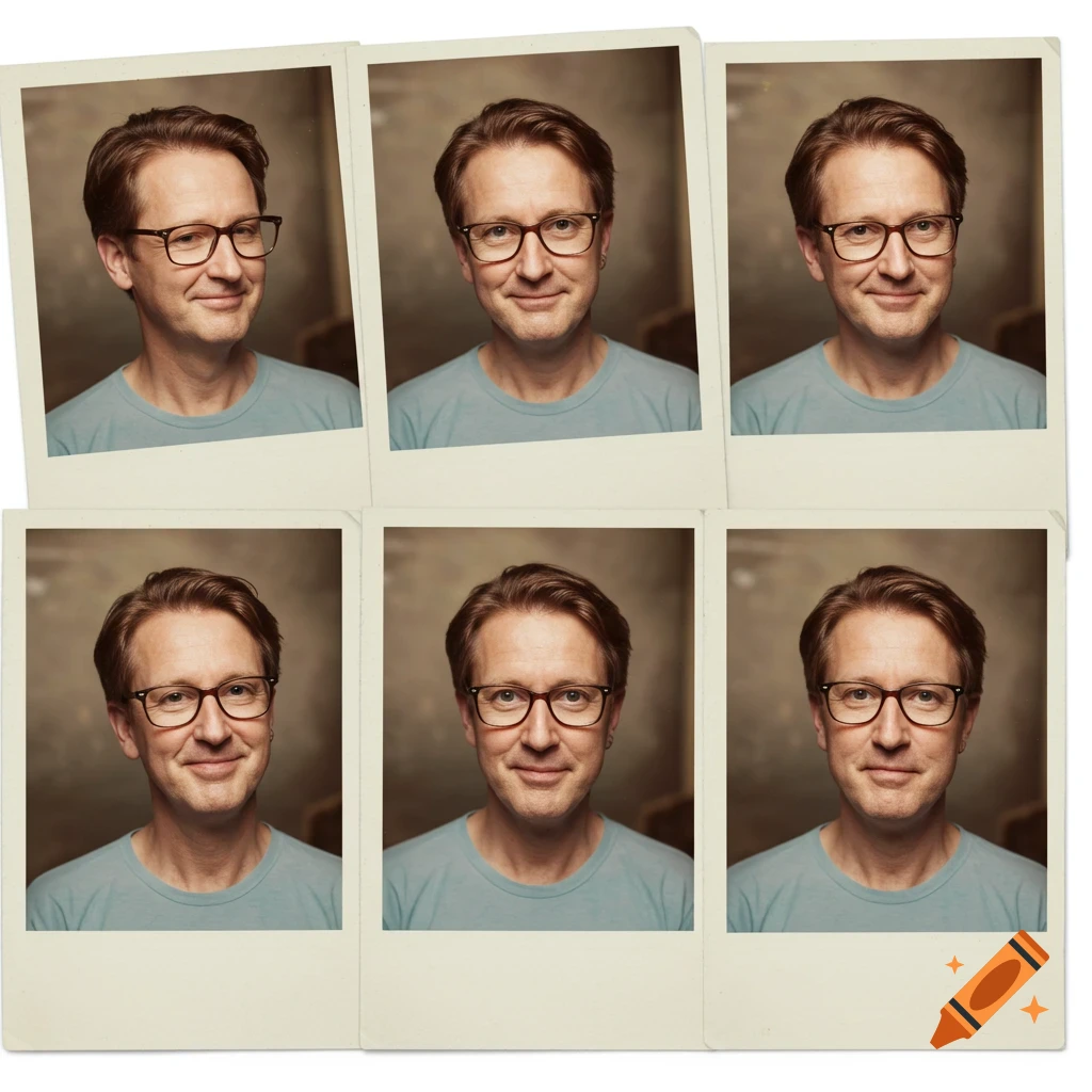 Realistic photostrip featuring multiple portraits of a man wearing glasses.