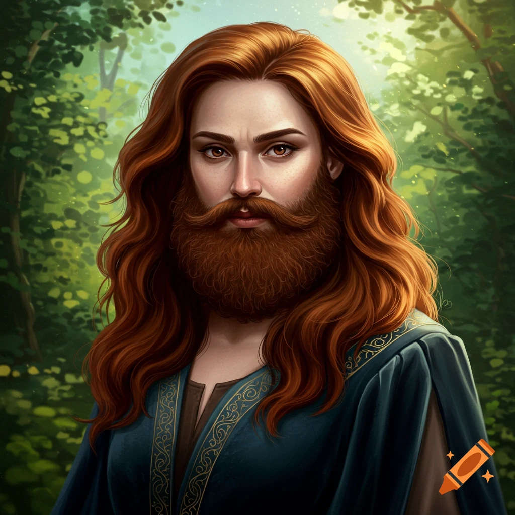 A woman with a red beard and long red hair in a forest.
