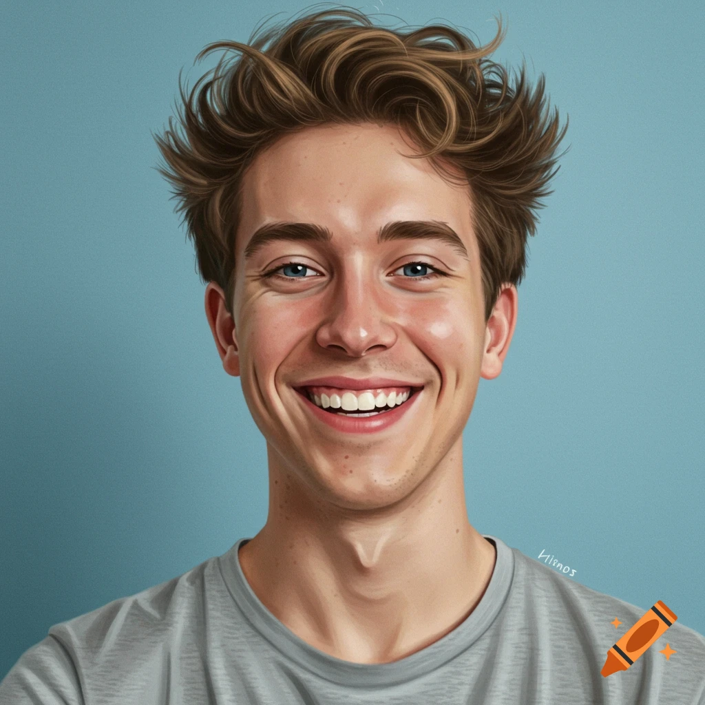 Portrait of a young white man smiling with messy brown hair against a blue background