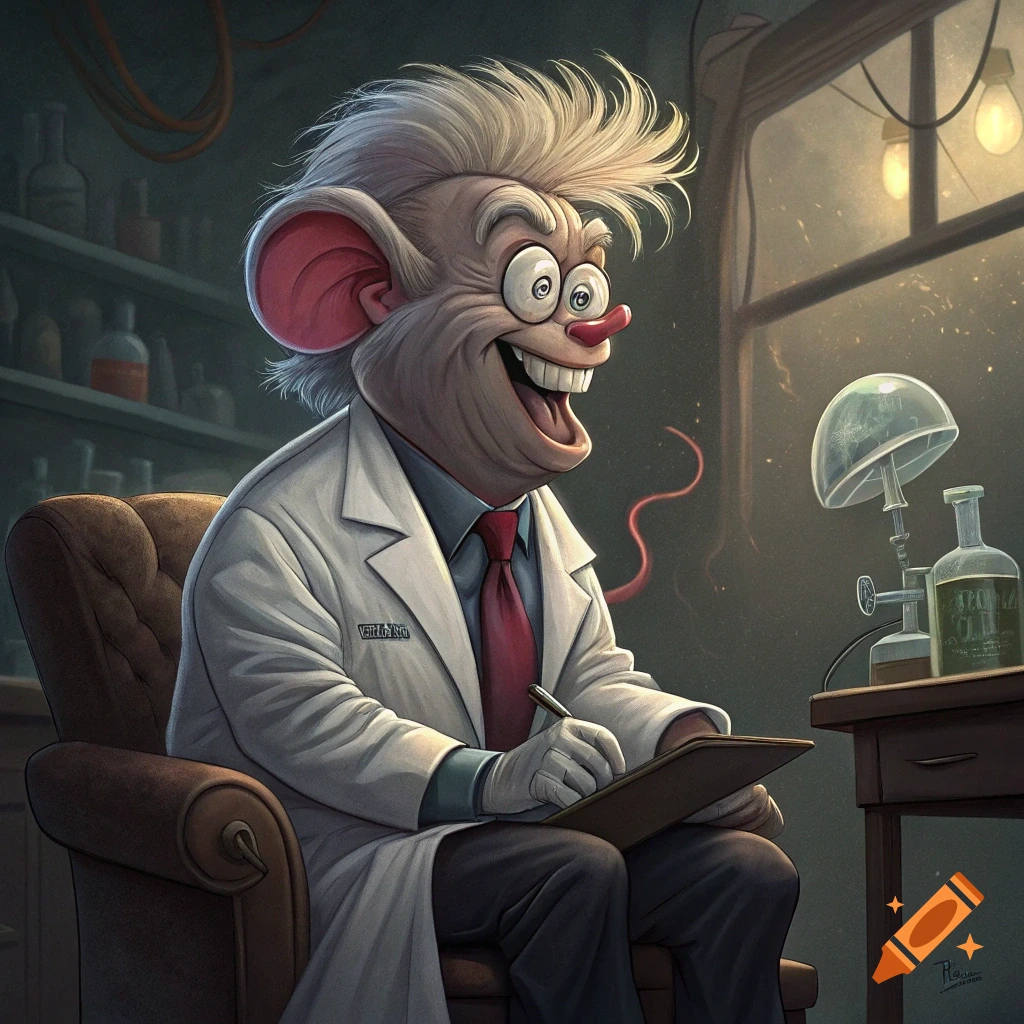 Cartoon mouse scientist in lab coat writing on a clipboard in a laboratory
