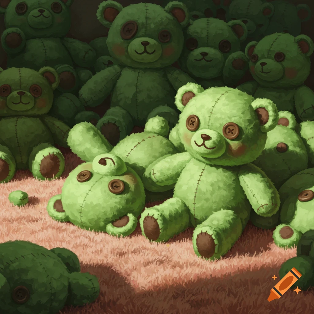 Green teddy bear plushes on a pink surface.