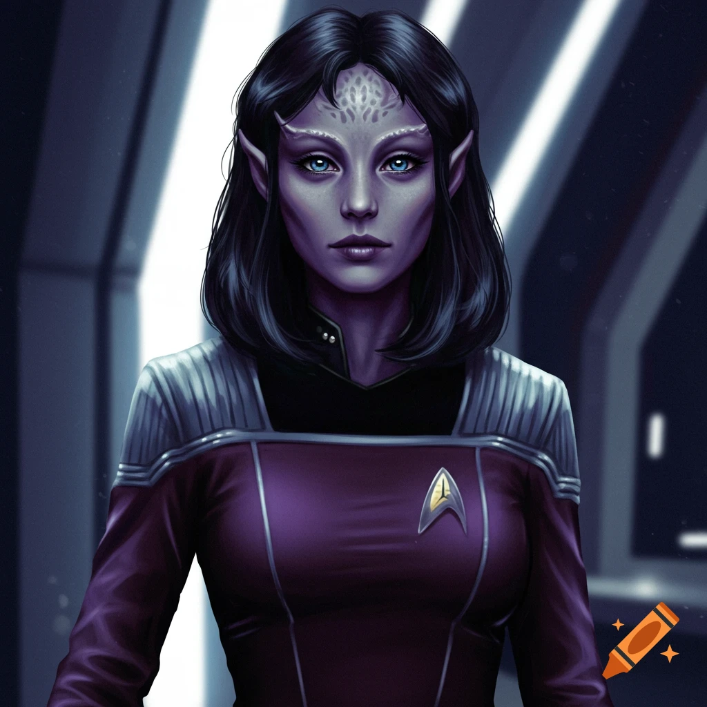 A purple-skinned alien woman with blue eyes wears a Starfleet uniform.