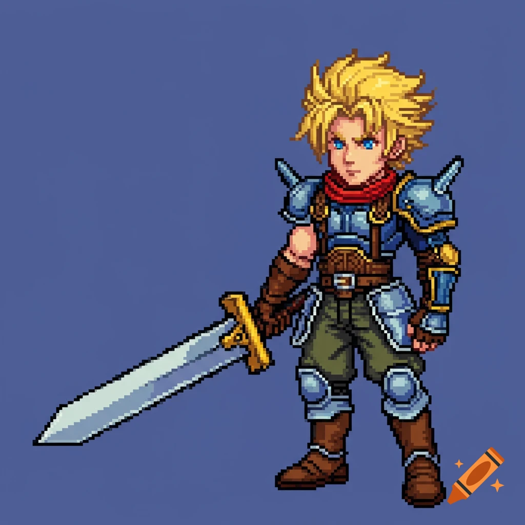 Pixel art of a blonde male fantasy character in armor holding a sword.