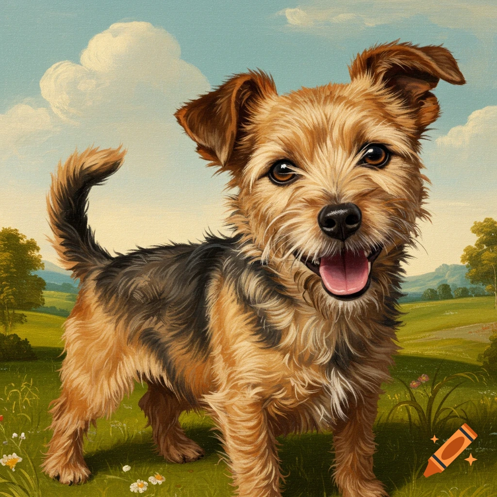 A scruffy terrier dog stands in a grassy field under a cloudy sky, in a painting style.