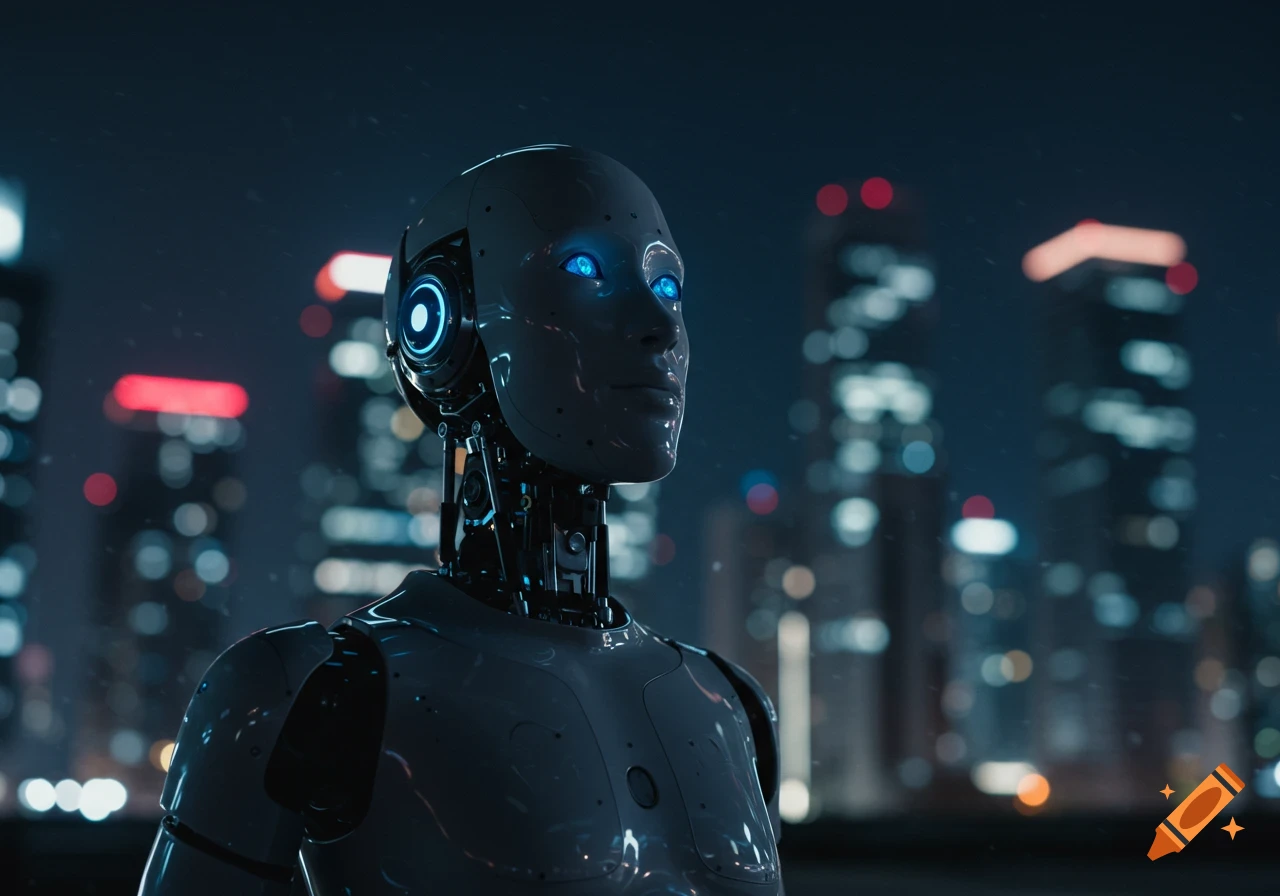 A photorealistic bust of a robot with glowing blue eyes against a blurry city skyline at night.