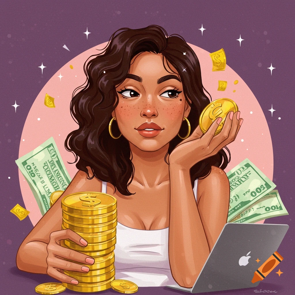 Stylized illustration of a woman with money, coins, and a laptop.