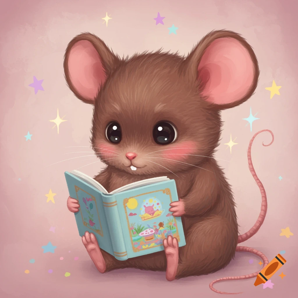 Cute cartoon mouse reading a book, pastel background.