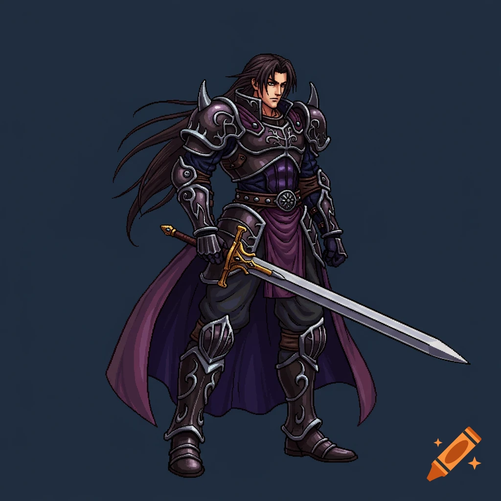 A 2D pixel art sprite of a dark-haired knight in dark armor holding a sword.