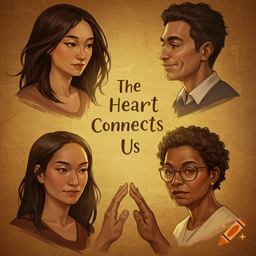 Four diverse portraits and hands with the text 'The Heart Connects Us'.