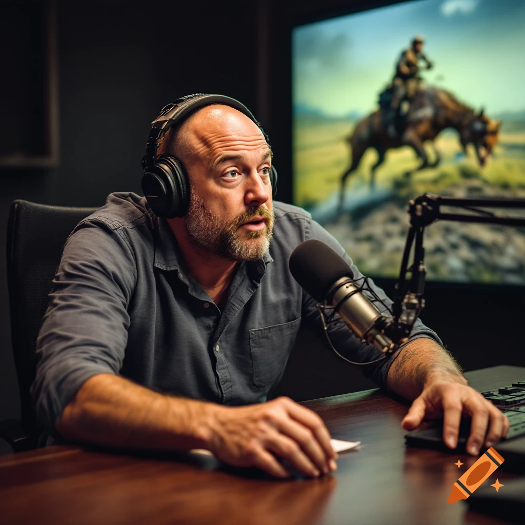 A man wearing headphones sits at a desk with a microphone in a studio, with a screen showing a horse rider behind him.