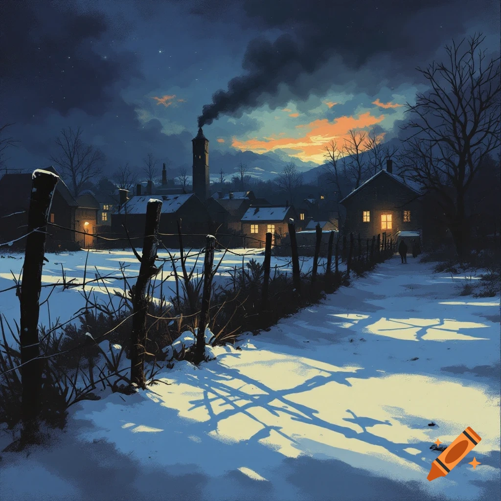 A snowy winter village scene with a fence, path, and smoking chimney at dawn.