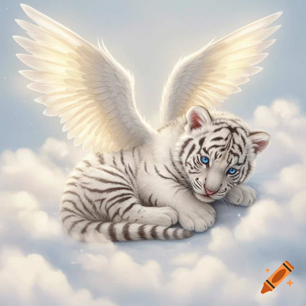 A cute baby white tiger with angel wings curls up in clouds.