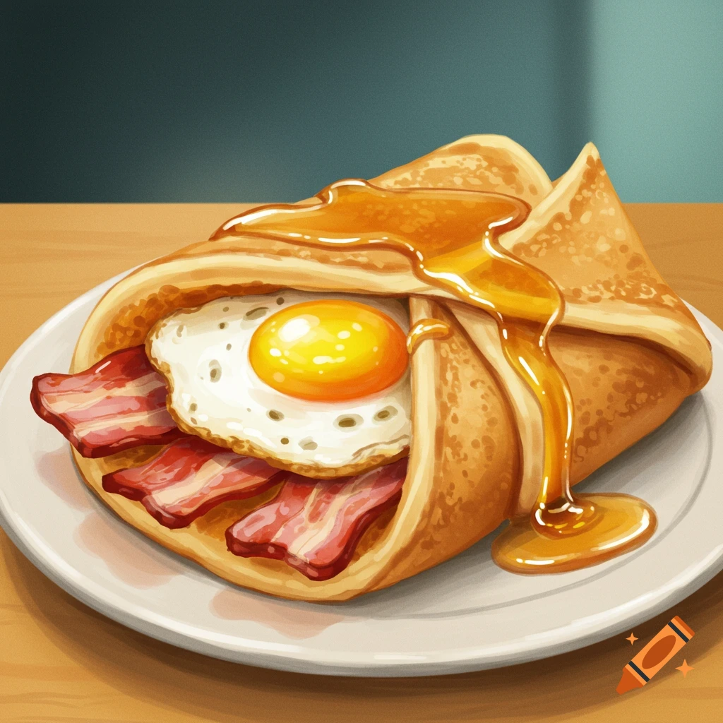 A pancake wrapped around bacon and a fried egg, topped with syrup.