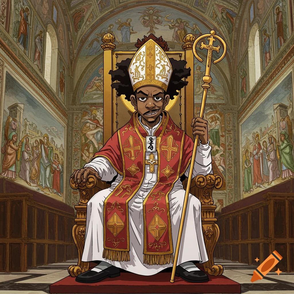 Cartoon character resembling A pimp named Slickback dressed as the Pope on a throne in a church.