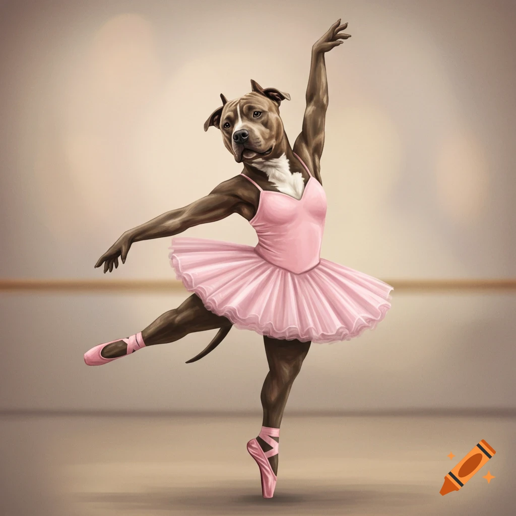 A pitbull dog in a pink ballerina costume performing a pose.