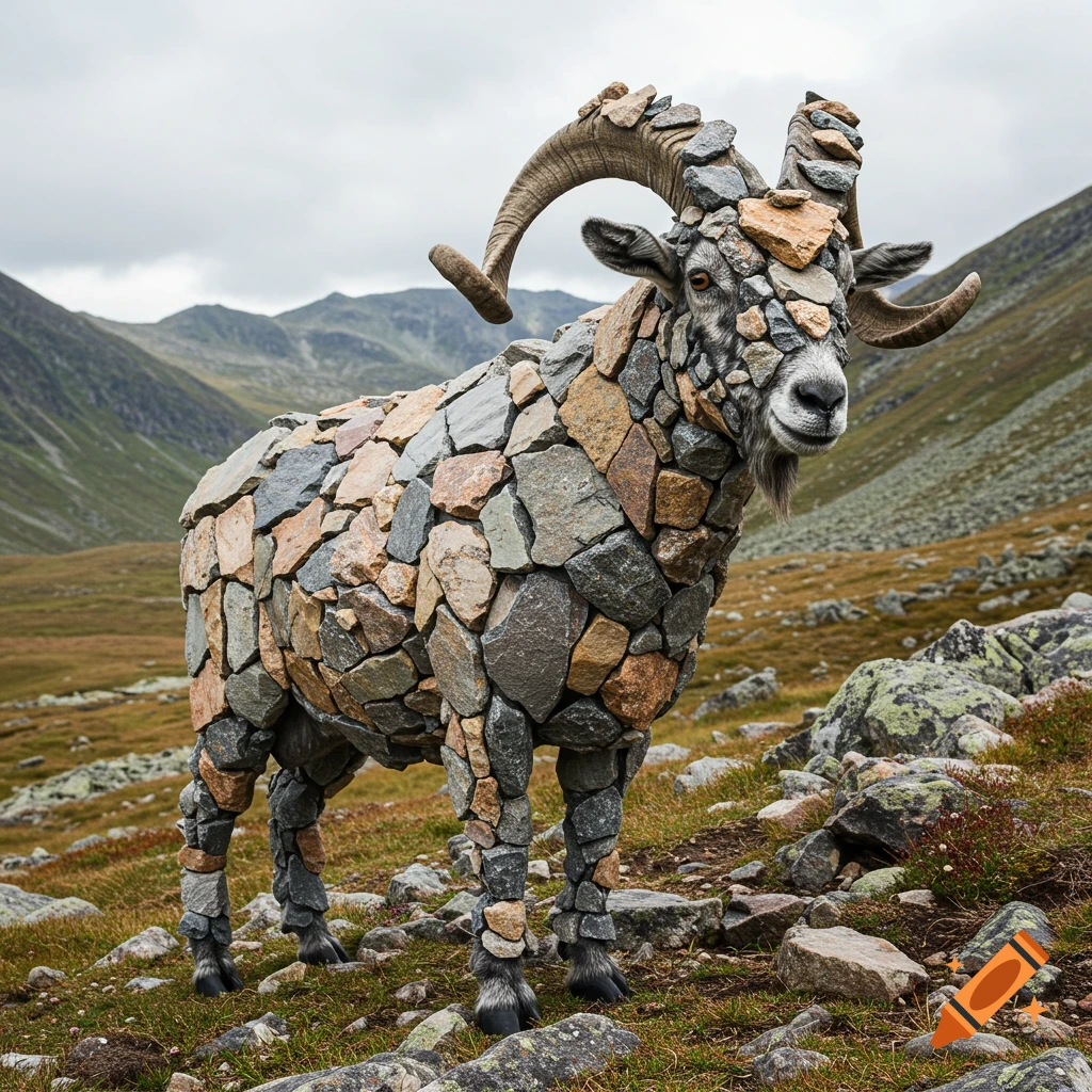 A mountain goat sculpture made of rocks stands in a mountainous landscape.