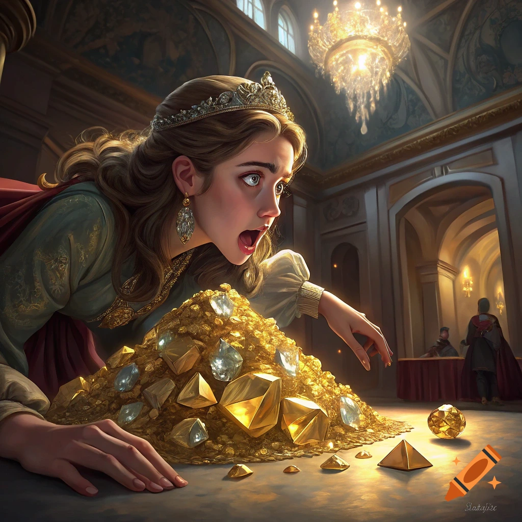 A young woman wearing a crown looks excitedly at a large pile of gold and jewels on the floor of a detailed palace interior.