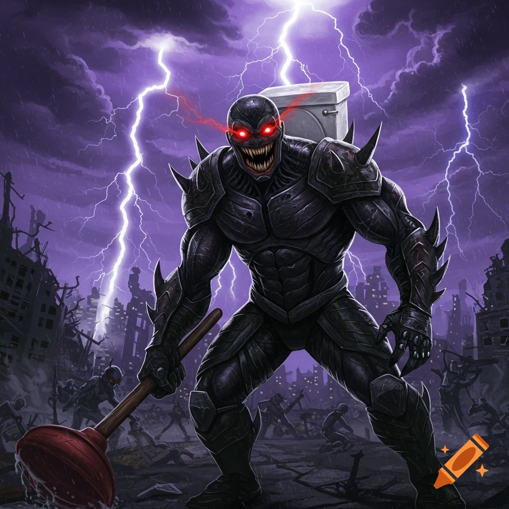 A monstrous figure with a toilet backpack and plunger stands in a destroyed city during a thunderstorm.