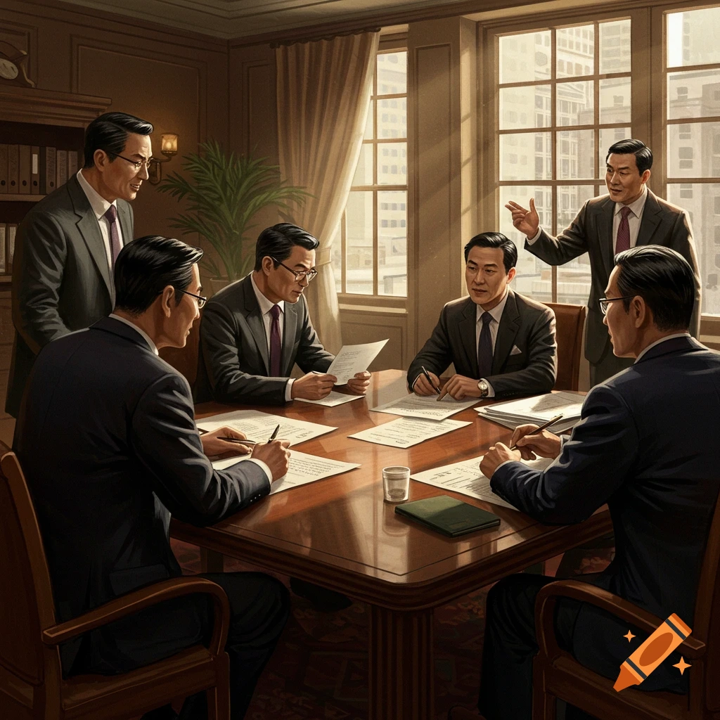 Men in suits discussing documents at a conference table.