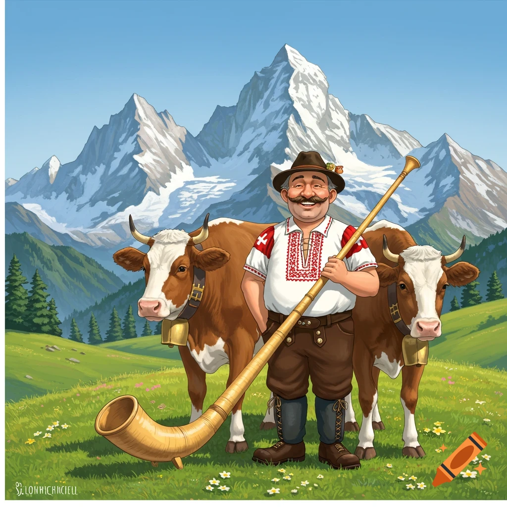 Swiss man in traditional clothes holds alphorn with cows in mountain landscape.