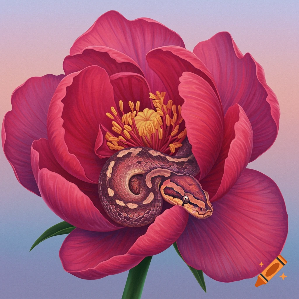A snake coiled inside a large pink flower.