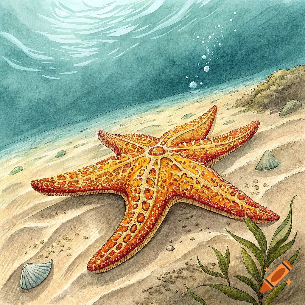 An illustration of an orange starfish on the sandy seabed underwater.