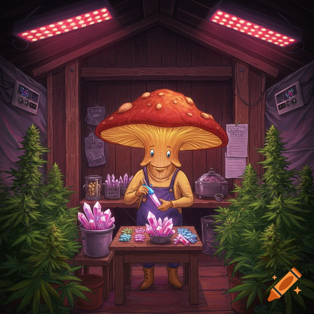 A whimsical mushroom character works with crystals in a shed filled with marijuana plants and red grow lights.