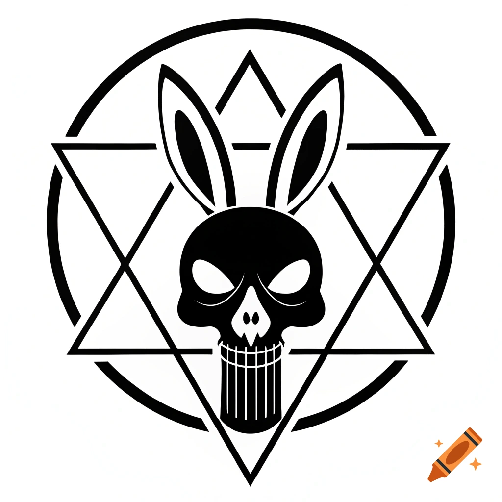 Black and white minimalistic logo of a skull with rabbit ears inside a star and circle.
