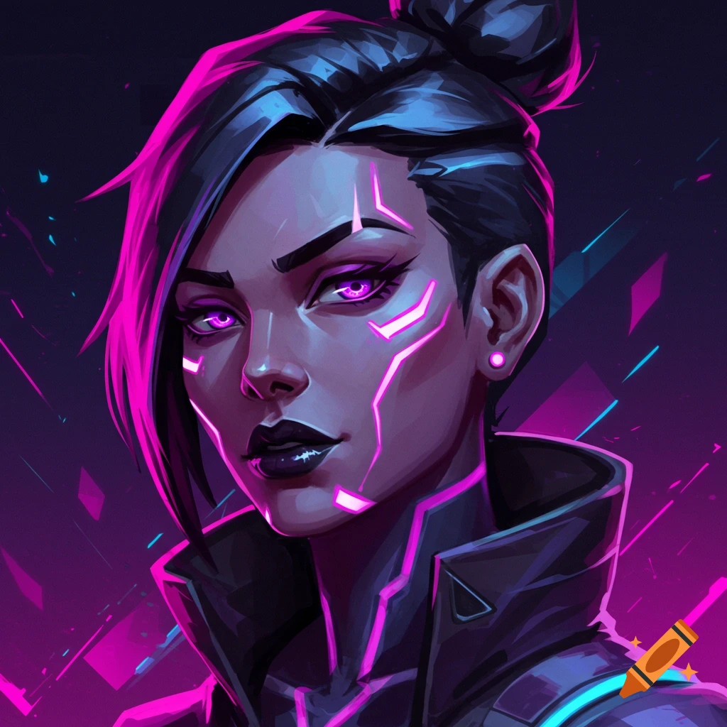 A stylized character with neon glow face markings is depicted in a cyberpunk profile shot.
