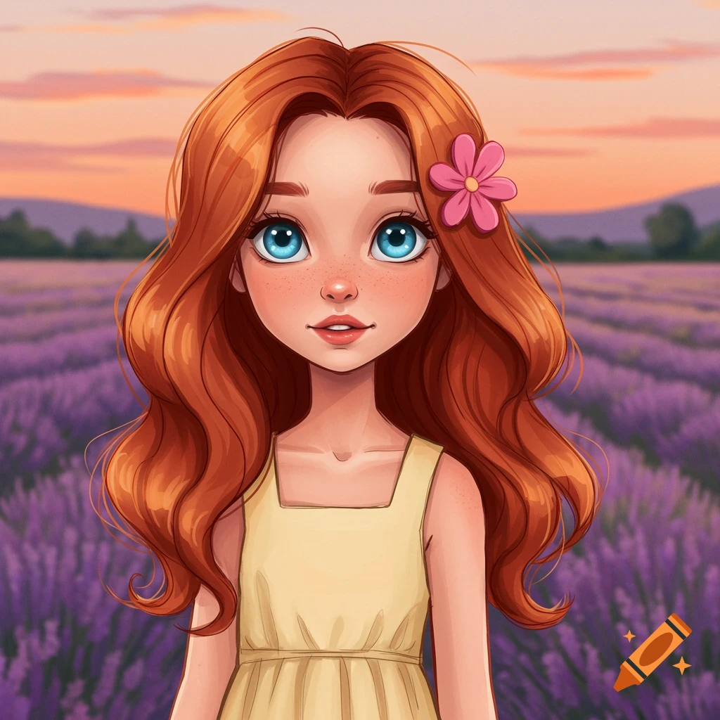 Illustration of a young girl with red hair standing in a lavender field ...